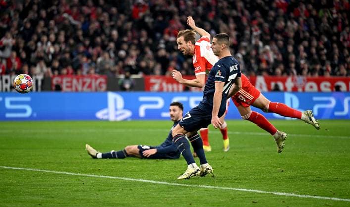 FOOTBALL CHAMPIONS LEAGUE SEASON 2023 2024 Round of 16 second leg 05 03 2024 FC Bayern Muenchen Lazio Rome GOAL for 1 9 by scorer Harry Kane left, FC Bayern Muenchen against Ciro Immobile right, Lazio Rome