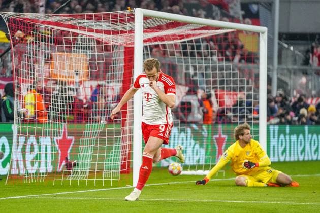 Harry Kane 9 FC Bayern celebrates scoring the 3-0 goal during the Champions League match FC Bayern Munich Lazio Rome on 05 03 2024 Munich Allianz Arena Bayern Germany