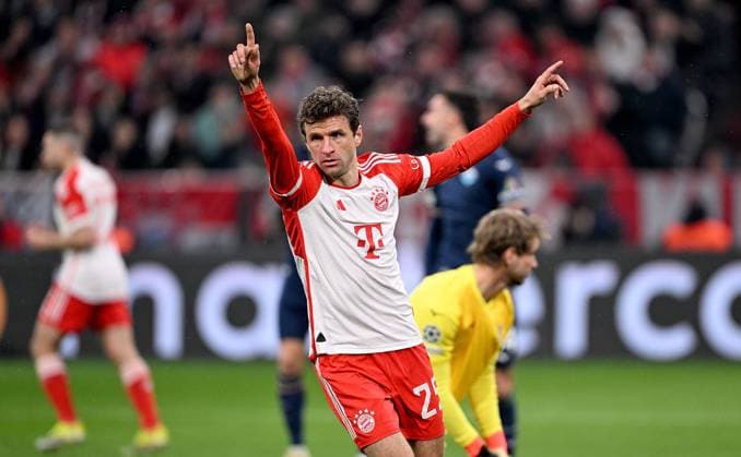FOOTBALL CHAMPIONS LEAGUE SEASON 2023 2024 Round of 16 second leg 05 03 2024 FC Bayern Muenchen Lazio Rome Cheers from goal scorer Thomas Mueller FC Bayern Muenchen