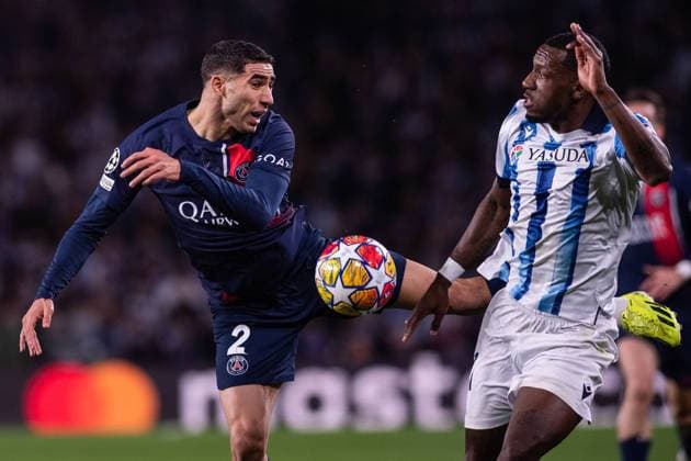 UEFA Champions League soccer match round of 16, second leg soccer match between Real Sociedad and Paris Saint Germain (PSG) at Reale Arena Stadium in San Sebastian, Spain 05 March 2024 Achraf Hakimi nd Sheraldo Becker 900 Cordon Press  900 CordonxPress LOF - UEFA Champions League Real Sociedad vs PSG