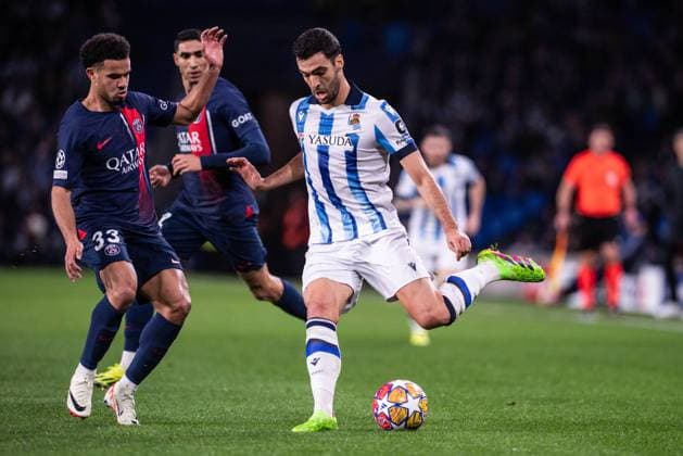 UEFA Champions League soccer match round of 16, second leg soccer match between Real Sociedad and Paris Saint Germain (PSG) at Reale Arena Stadium in San Sebastian, Spain 05 March 2024 Mikel Merino and Zaire Emery 900 Cordon Press  900 CordonxPress LOF - UEFA Champions League Real Sociedad vs PSG