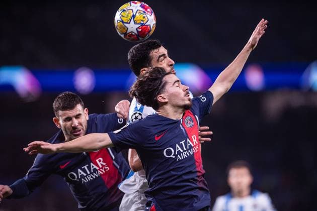 UEFA Champions League soccer match round of 16, second leg soccer match between Real Sociedad and Paris Saint Germain (PSG) at Reale Arena Stadium in San Sebastian, Spain 05 March 2024 Mikel Merino and Zaire Emery 900 Cordon Press  900 CordonxPress LOF - UEFA Champions League Real Sociedad vs PSG