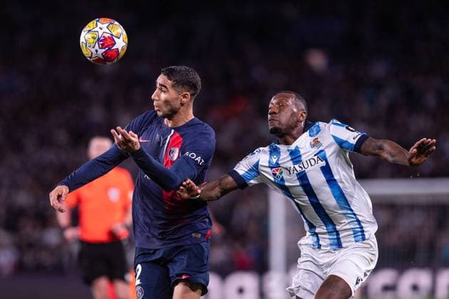 UEFA Champions League soccer match round of 16, second leg soccer match between Real Sociedad and Paris Saint Germain (PSG) at Reale Arena Stadium in San Sebastian, Spain 05 March 2024 Achraf Hakimi and Sheraldo Becker 900 Cordon Press  900 CordonxPress LOF - UEFA Champions League Real Sociedad vs PSG