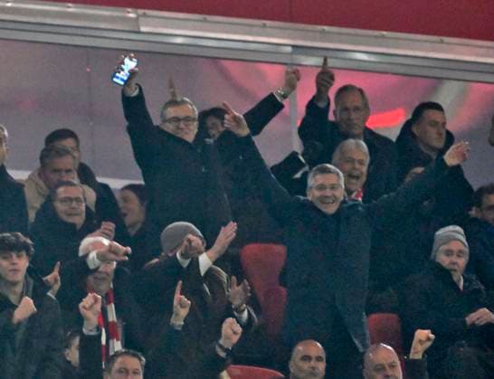05 03 2024, Football UEFA Championsleague 2023 2024 Round of 16, FC Bayern Munich Lazio Rome, in the Allianz Arena Munich Goal celebration Chairman Jan Christian Dreesen FC Bayern Munich , Max Eberl and President Herbert Hainer FC Bayern DFL and DFB regulations prohibit any use of photographs as image sequences and or quasi video