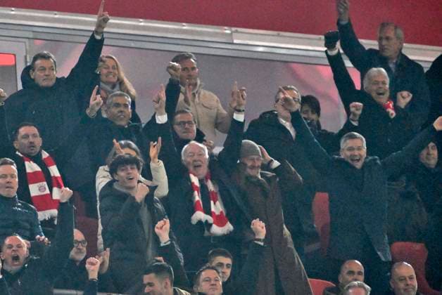 05 03 2024, Football UEFA Championsleague 2023 2024 Round of 16, FC Bayern Munich Lazio Rome, in the Allianz Arena Munich Goal celebration Chairman Jan Christian Dreesen FC Bayern Munich , Max Eberl and President Herbert Hainer FC Bayern and the others cheer DFL and DFB regulations prohibit any use of photographs as image sequences and or quasi video
