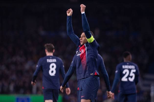 UEFA Champions League soccer match round of 16, second leg soccer match between Real Sociedad and Paris Saint Germain (PSG) at Reale Arena Stadium in San Sebastian, Spain 05 March 2024 Kylian Mbappe celebrates a goal 900 Cordon Press  900 CordonxPress LOF - UEFA Champions League Real Sociedad vs PSG