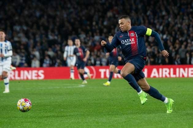 Real Sociedad Vs PSG Kylian Mbappe of PSG in action during the UEFA Champions League Round of 16, 2nd leg match between Real Sociedad and Paris Saint Germain at Reale Arena. (Gari Garaialde Bostok Photo) Donostia Gipuzkoa Spain Editorial Use Only  Copyright: xGarikoitzxGaraialdex Bostok Photo GarixGaraialdex GG2403050273