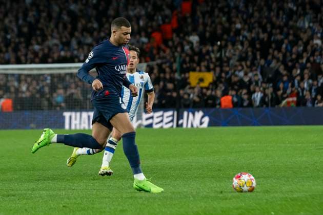 Real Sociedad Vs PSG Kylian Mbappe of PSG in action during the UEFA Champions League Round of 16, 2nd leg match between Real Sociedad and Paris Saint Germain at Reale Arena. (Gari Garaialde Bostok Photo) Donostia Gipuzkoa Spain Editorial Use Only  Copyright: xGarikoitzxGaraialdex Bostok Photo GarixGaraialdex GG2403050333