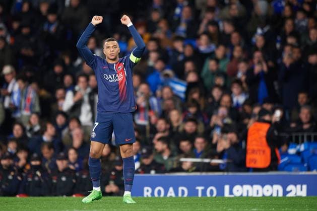 Kylian Mbappe of Paris Saint Germain celebrates his goal during the UEFA Champions League match between Real Sociedad v Paris Saint Germain at Reale Arena on March 5, 2024 in San Sebastian (Photo by: LGM) FOOTBALL : Real Sociedad vs Paris Saint Germain - UEFA Ligue des Champions - 05 03 2024 LGM Panoramic 