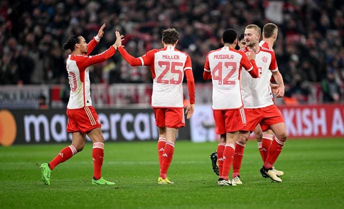 FOOTBALL CHAMPIONS LEAGUE SEASON 2023 2024 Round of 16 second leg 05 03 2024 FC Bayern Muenchen Lazio Rome CHEERS FC Bayern Muenchen after the goal from left with Leroy Sane, Thomas Mueller, Jamal Musiala, Matthijs de Ligt