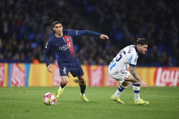 Achraf Hakimi of Paris Saint Germain in action during the UEFA Champions League match between Real Sociedad v Paris Saint Germain at Reale Arena on March 5, 2024 in San Sebastian (Photo by: LGM) FOOTBALL : Real Sociedad vs Paris Saint Germain - UEFA Ligue des Champions - 05 03 2024 LGM Panoramic 