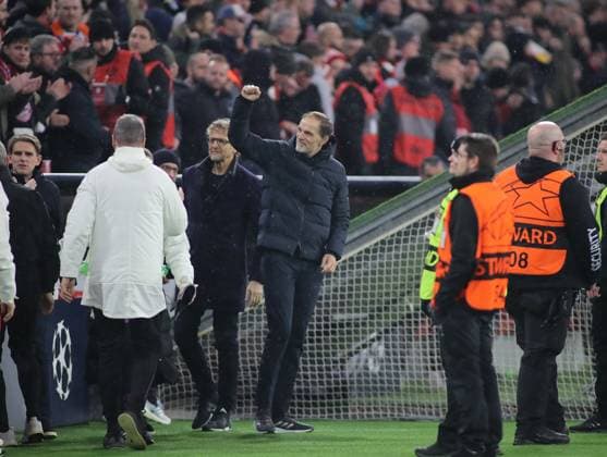 Munich, Germany 05 March 2024 Football, Men, Champions League, Season 2023 2024, Round of 16 second leg, FC Bayern Munich Lazio Rome, Allianz Arena Thomas Tuchel, coach FC Bayern Munich with his fist at the final whistle, jubilation, relief