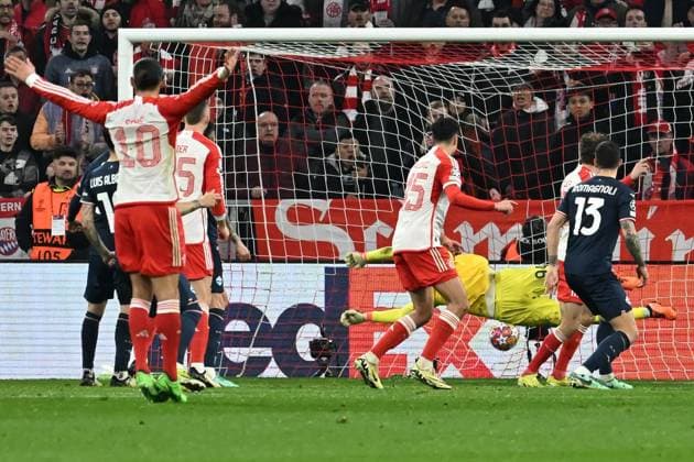 Italy,Soccer, champions league match , Bayern Munich v Lazio Thomas Muller of Bayern Munich scores his goal during the Champions league round of 16 match between Bayern Munich v Lazio at Allianz Arena stadium, Italy, March 05th, 2024. Imago-Images Emmefoto Copyright: xImago-Images Emmefotox