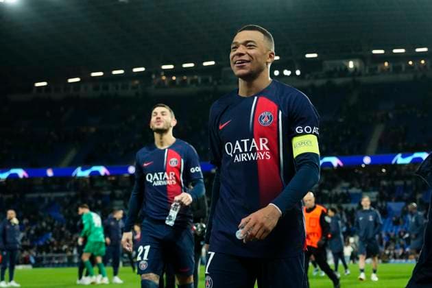 Real Sociedad v Paris Saint-Germain: Round of 16 Second Leg - UEFA Champions League 2023 24 Kylian Mbappe Centre-Forward of PSG and France celebrates victory after the UEFA Champions League 2023 24 round of 16 second leg match between Real Sociedad and Paris Saint-Germain at Reale Arena on March 5, 2024 in San Sebastian, Spain. San Sebastian Spain  Copyright: xJosexBretonx originalFilename:breton-realsoci240305_npRSu.jpg