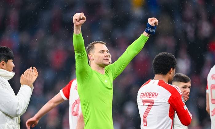 Germany, Muenchen, 05 03 2024, Allianz Arena, FC Bayern Muenchen vs SS Lazio UEFA Champions League 2023 24 Round of 16 Second Leg, Manuel Neuer Bayern Muenchen celebrates the win with raised arms Munich Allianz Arena Bavaria Germany eu-images-738