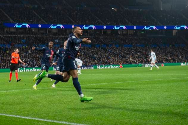 Real Sociedad Vs PSG Kylian Mbappe of PSG celerates after scoring PSG s 2nd goal during the UEFA Champions League Round of 16, 2nd leg match between Real Sociedad and Paris Saint Germain at Reale Arena. (Gari Garaialde Bostok Photo) Donostia Gipuzkoa Spain Editorial Use Only  Copyright: xGarikoitzxGaraialdex Bostok Photo GarixGaraialdex GG2403050536