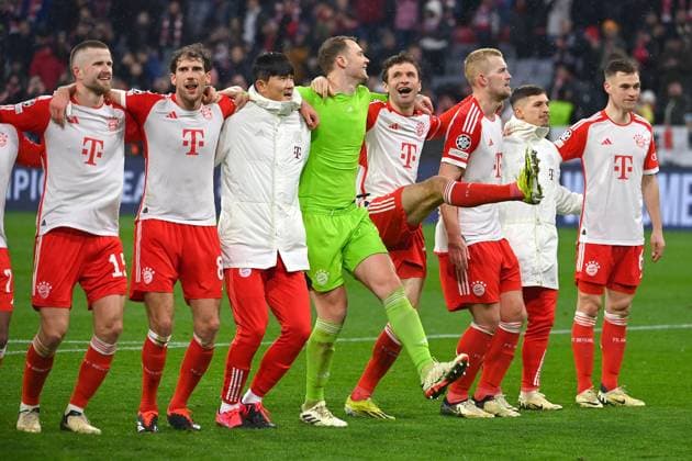 Final cheer from left Eric DIER Bayern Muenchen , Leon GORETZKA Bayern Muenchen , Minjae KIM FC Bayern Muenchen , Manuel NEUER Goalkeeper Bayern Muenchen , Thomas MUELLER MÜLLER,Bayern Muenchen , Bryan ZARAGOZA Bayern Muenchen Joshua KIMMICH Bayern Muenchen , Cheers,joy,enthusiasm,,Action Football Champions League Round of 16 FC Bayern Muenchen Lazio Rome 3 0 on 05 03 2024, A L L I A N Z A R E N A
