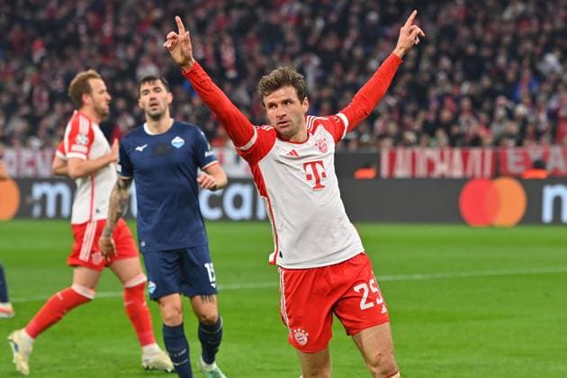 Thomas MUELLER MÜLLER,Bayern Muenchen , jubilation,joy,enthusiasm,, action,single image,cropped single motif,half figure,half figure football Champions League round of 16 FC Bayern Muenchen Lazio Rome 3 0 on 05 03 2024, A L L I A N Z A R E N A