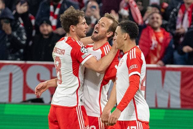 Goal for 3 0 by Harry Kane FC Bayern Muenchen, 09 , with Leon Goretzka FC Bayern Muenchen, 08 and Jamal Musiala FC Bayern Muenchen, 42 GER, FC Bayern Muenchen FCB vs Lazio Rome SSL , Football, UEFA Champions League, Round of 16 second leg, 2023 2024 season, 05 03 2024, DFB DFL regulations prohibit any use of photographs as image sequences and or quasi video , GER, FC Bayern Muenchen FCB vs Lazio Rome SSL , Fußball, UEFA Champions League, Achtelfinal Rueckspiel, Saison 2023 2024, 05 03 2024 Muenchen Copyright: xEibner-Pressefoto SaschaxWaltherx EP_EER