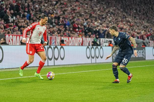 Leroy Sane 10 FC Bayern and Mattia Zaccagni 20 Lazio Rome in action during the Champions League match FC Bayern Munich Lazio Rome on 05 03 2024 Munich Allianz Arena Bayern Germany