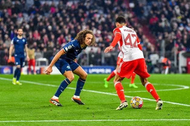 Matteo Guendouzi 8 Lazio Rome and Jamal Musiala 42 FC Bayern in action during the Champions League match FC Bayern Munich Lazio Rome on 05 03 2024 Munich Allianz Arena Bayern Germany