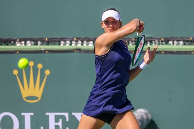 INDIAN WELLS, CA - MARCH 05: Rebeka Masarova (ESP) hits a forehand during the qualifying round for the BNP Paribas Open on March 5, 2024 at Indian Wells Tennis Garden in Indian Wells. CA. (Photo by George Walker Icon Sportswire) TENNIS: MAR 05 BNP Paribas Open EDITORIAL USE ONLY Icon240305030