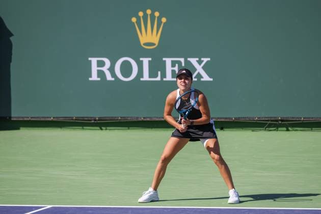 INDIAN WELLS, CA - MARCH 05: Camila Osorio (COL) receives serve during the qualifying round for the BNP Paribas Open on March 5, 2024 at Indian Wells Tennis Garden in Indian Wells. CA. (Photo by George Walker Icon Sportswire) TENNIS: MAR 05 BNP Paribas Open EDITORIAL USE ONLY Icon240305050