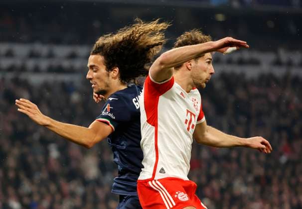 05 03 2024, Champions League, FC Bayern Muenchen vs Lazio Rome, Allianz Arena Muenchen, in the picture Matteo Guendouzi Lazio Rome vs Leon Goretzka FC Bayern Muenchen