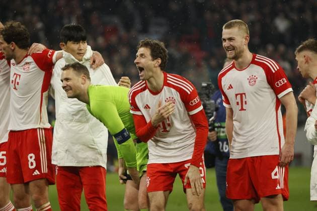 05 03 2024, Champions League, FC Bayern Muenchen vs Lazio Rome, Allianz Arena Muenchen, in the picture Leon Goretzka FC Bayern Muenchen , Min Jae Kim FC Bayern Muenchen , Manuel Neuer FC Bayern Muenchen , Thomas Mueller FC Bayern Muenchen , Matthijs de Ligt FC Bayern Muenchen