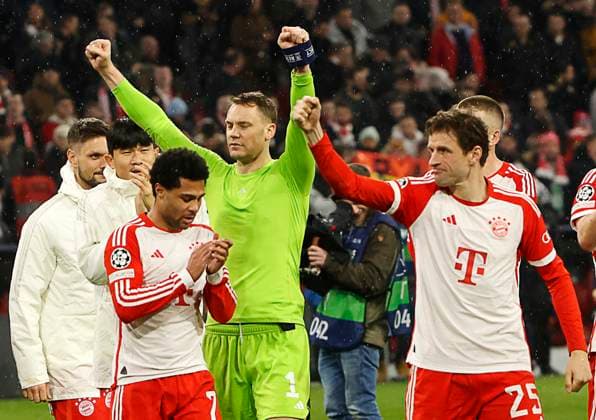 05 03 2024, Champions League, FC Bayern Muenchen vs Lazio Rome, Allianz Arena Muenchen, in the picture Sven Ulreich FC Bayern Muenchen , Min Jae Kim FC Bayern Muenchen , Serge Gnabry FC Bayern Muenchen , Manuel Neuer FC Bayern Muenchen , Thomas Mueller FC Bayern Muenchen , Eric Dier FC Bayern Muenchen