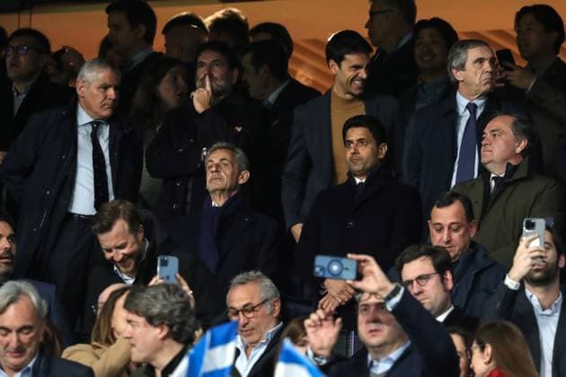Spain - Real Sociedad vs Paris Saint-Germain - 05 03 2024 SPAIN, SAN SEBASTIAN, MARCH 05. Former president of France Nicolas Sarkozy and President Nasser al-Khelaifi of Paris SG during the UEFA Champions League match round of 16 second leg match between Real Sociedad and Paris Saint-Germain, on March 05, 2024 at Reale Arena in San Sebastian, Spain. Photo by Manuel Blondeau AOP.Press San Sebastian Reale Arena Spain Copyright: x ManuelxBlondeau AOP.Pressx AOP20240305 0041