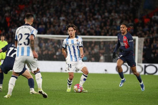 Spain - Real Sociedad vs Paris Saint-Germain - 05 03 2024 SPAIN, SAN SEBASTIAN, MARCH 05. Takefusa Kubo of Real Sociedad during the UEFA Champions League match round of 16 second leg match between Real Sociedad and Paris Saint-Germain, on March 05, 2024 at Reale Arena in San Sebastian, Spain. Photo by Manuel Blondeau AOP.Press San Sebastian Reale Arena Spain Copyright: x ManuelxBlondeau AOP.Pressx AOP20240305 0078