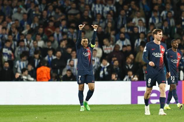 Kylian Mbappe (PSG), MARCH 5, 2024 - Football Soccer : Mbappe celebrate after his goal during UEFA Champions League Round of 16 2nd leg match between Real Sociedad 1-2 Paris Saint-Germain at the Reale Arena in San Sebastian, Spain. Noxthirdxpartyxsales  (246334563)