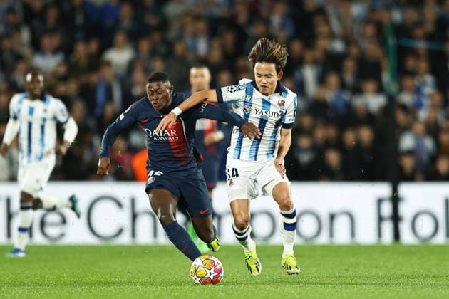 (L-R) Nuno Mendes (PSG), Takefusa Kubo (Sociedad), MARCH 5, 2024 - Football Soccer : UEFA Champions League Round of 16 2nd leg match between Real Sociedad 1-2 Paris Saint-Germain at the Reale Arena in San Sebastian, Spain. Noxthirdxpartyxsales  (246335039)