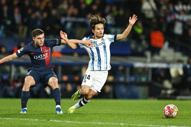 (L-R) Manuel Ugarte (PSG), Takefusa Kubo (Sociedad), MARCH 5, 2024 - Football Soccer : UEFA Champions League Round of 16 2nd leg match between Real Sociedad 1-2 Paris Saint-Germain at the Reale Arena in San Sebastian, Spain. Noxthirdxpartyxsales  (246335219)