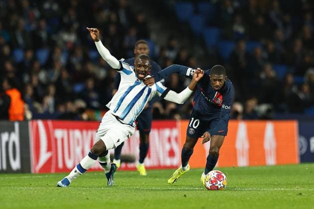 (L-R) Hamari Traore (Sociedad), Ousmane Dembele (PSG), MARCH 5, 2024 - Football Soccer : UEFA Champions League Round of 16 2nd leg match between Real Sociedad 1-2 Paris Saint-Germain at the Reale Arena in San Sebastian, Spain. Noxthirdxpartyxsales  (246335327)