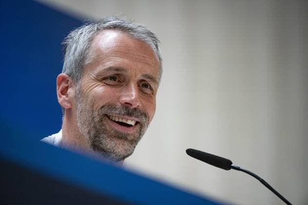 Marco Rose, head coach of RB Leipzig, seen smiling during the press conference, PK, Pressekonferenz the day before the second leg of the round of 16 football match of Champions League against Real Madrid at Santiago Bernabeu stadium in Madrid.  Copyright: xAlbertoxGardin IPAxSportx xipa-ax xx IPA_44042660 IPA_Agency_IPA44042660