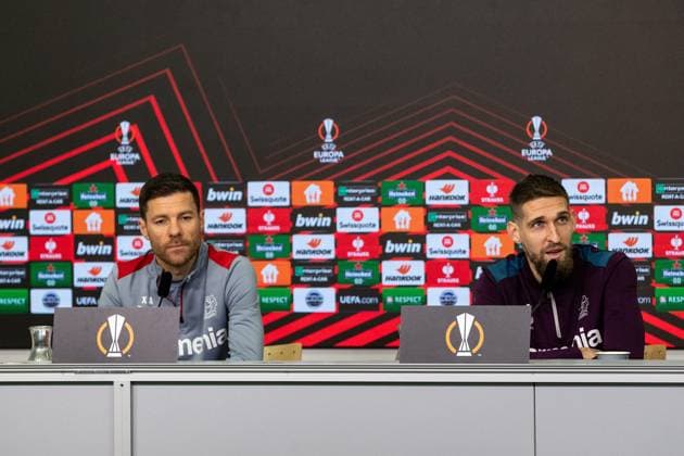 Bayer 04 Leverkusen Press Conference 06 03 2024 Xabi Alonso Coach Bayer 04 Leverkusen , Robert Andrich Bayer 04 Leverkusen, 8 Bayer 04 Leverkusen Press Conference 06 03 2024 Copyright: xBEAUTIFULxSPORTS Buriakovx