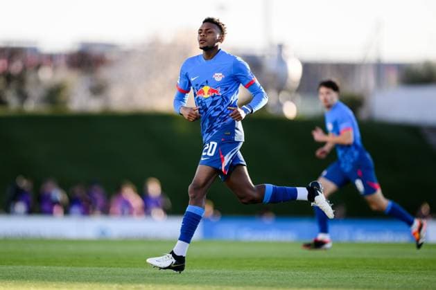 Leipzigs Chilohem Onuoha. Fussball UEFA Youth League, Achtelfinale: FC Real Madrid U19 - RB Leipzig U19. 28. Februar 2024: Madrid, Estadio Alfredo Di Stefano. Real Madrid U19 - RB Leipzig U19 *** Leipzigs Chilohem Onuoha Football UEFA Youth League, round of 16 FC Real Madrid U19 RB Leipzig U19 February 28, 2024 Madrid, Estadio Alfredo Di Stefano Real Madrid U19 RB Leipzig U19
