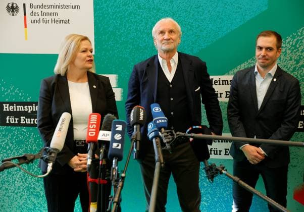 Federal Minister of the Interior Nancy Faeser, DFP Sports Director Rudi Völler, Tournament Director Philipp Lahm, Germany, Berlin, 100-day countdown event to UEFA EURO 2024