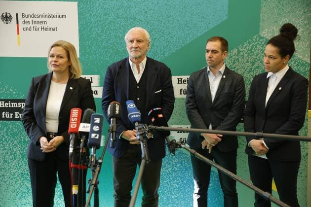 Federal Minister of the Interior Nancy Faeser, DFP Sports Director Rudi Völler, Tournament Director Philipp Lahm, Tournament Ambassador Celia äaöic, Germany, Berlin, 100-day countdown event to UEFA EURO 2024