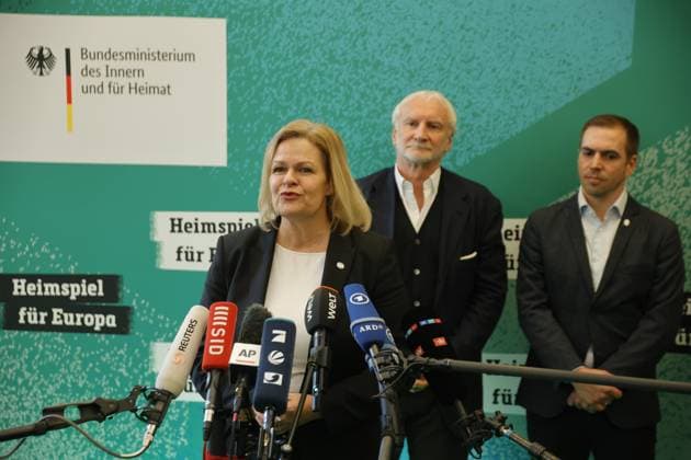 Federal Minister of the Interior Nancy Faeser, DFP Sports Director Rudi Völler, Tournament Director Philipp Lahm, Germany, Berlin, 100-day countdown event to UEFA EURO 2024