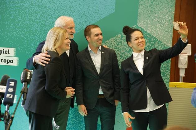 Federal Minister of the Interior Nancy Faeser, DFP Sports Director Rudi Völler, Tournament Director Philipp Lahm, Tournament Ambassador Celia äaöic, Germany, Berlin, 100-day countdown event to UEFA EURO 2024