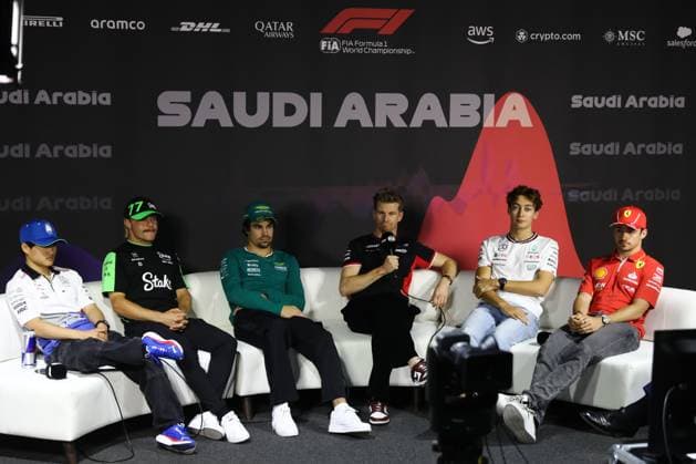 F1 Saudi Arabian Grand Prix 2024 Previews Yuki Tsunoda of RB, Valtteri Bottas of Kick Sauber, Lance Stroll of Aston Martin Aramco, Nico Hulkenberg of Haas, George Russell of Mercedes and Charles Leclerc of Ferrari during press conference, PK, Pressekonferenz ahead of the Formula 1 Saudi Arabian Grand Prix at Jedah Corniche Circuit in Jeddah, Saudi Arabia on March 6, 2024. Jeddah Saudi Arabia  Copyright: xJakubxPorzyckix originalFilename:porzycki-f1saudia240306_npiKv.jpg
