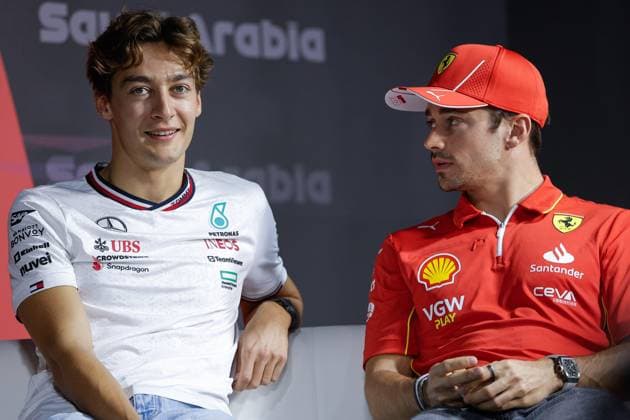 RUSSELL George (gbr), Mercedes AMG F1 Team W15, portrait, LECLERC Charles (mco), Scuderia Ferrari SF-24, portrait, press conference, PK, Pressekonferenz during the Formula 1 STC Saudi Arabian Grand Prix 2024, 2nd round of the 2024 Formula One World Championship, WM, Weltmeisterschaft from March 7 to 9, 2024 on the Jeddah Corniche Circuit, in Jeddah, Saudi Arabia - F1 - SAUDI ARABIAN GRAND PRIX 2024 DPPI Panoramic  240306_R02_SAUDI__LF_9655