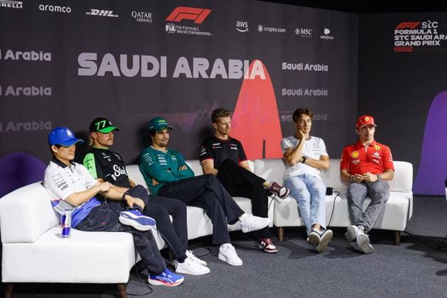 TSUNODA Yuki (jap), Visa Cash App RB F1 Team VCARB 01, portrait, BOTTAS Valtteri (fin), Stake F1 Team Kick Sauber C44, portrait, STROLL Lance (can), Aston Martin F1 Team AMR24, portrait, HULKENBERG Nico (ger), Haas F1 Team VF-24 Ferrari, portrait, RUSSELL George (gbr), Mercedes AMG F1 Team W15, portrait,LECLERC Charles (mco), Scuderia Ferrari SF-24, portrait, press conference, PK, Pressekonferenz during the Formula 1 STC Saudi Arabian Grand Prix 2024, 2nd round of the 2024 Formula One World Championship, WM, Weltmeisterschaft from March 7 to 9, 2024 on the Jeddah Corniche Circuit, in Jeddah, Saudi Arabia - F1 - SAUDI ARABIAN GRAND PRIX 2024 DPPI Panoramic  240306_R02_SAUDI__LF38115-2