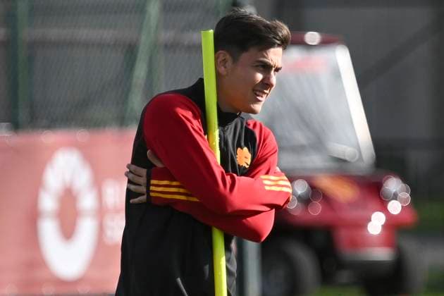 Paulo Dybala of AS Roma reacts during the team training the day before the Europa League football match between AS Roma and Brighton & Hove Albion FC at Fulvio Bernardini center in Rome (Italy), March 6th, 2024. andreaxstaccioli
