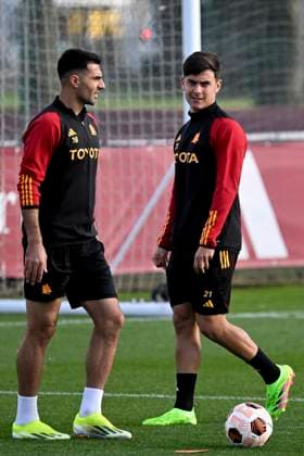 Mehmet Zeki Celik and Paulo Dybala of AS Roma during the team training the day before the Europa League football match between AS Roma and Brighton & Hove Albion FC at Fulvio Bernardini center in Rome (Italy), March 6th, 2024. andreaxstaccioli