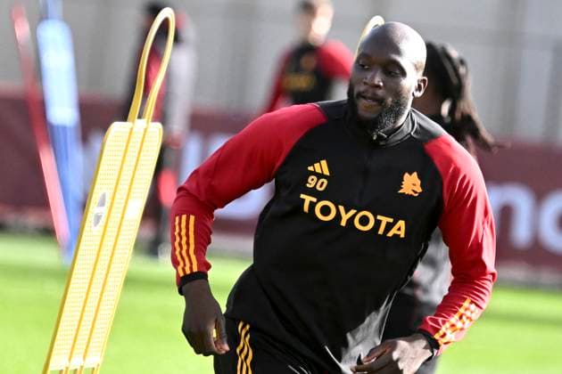 Romelu Lukaku of AS Roma during the team training the day before the Europa League football match between AS Roma and Brighton & Hove Albion FC at Fulvio Bernardini center in Rome (Italy), March 6th, 2024. andreaxstaccioli
