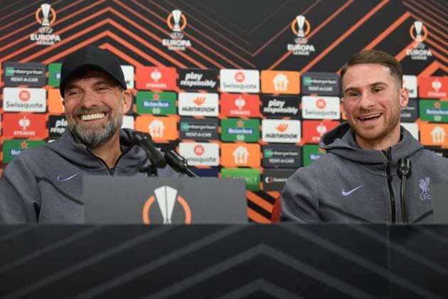 L-R Player Alexis Mac Allister and Head Coach Jurgen Klopp attend the press conference, PK, Pressekonferenz of the Liverpool FC prior to the Europa League semifinal opening match: AC Sparta Praha vs Liverpool FC, in Prague, Czech Republic, on March 6, 2024. (CTKxPhoto MichaelaxRihova) CTKPhotoP2024030609219  CTKPhotoP2024030609219